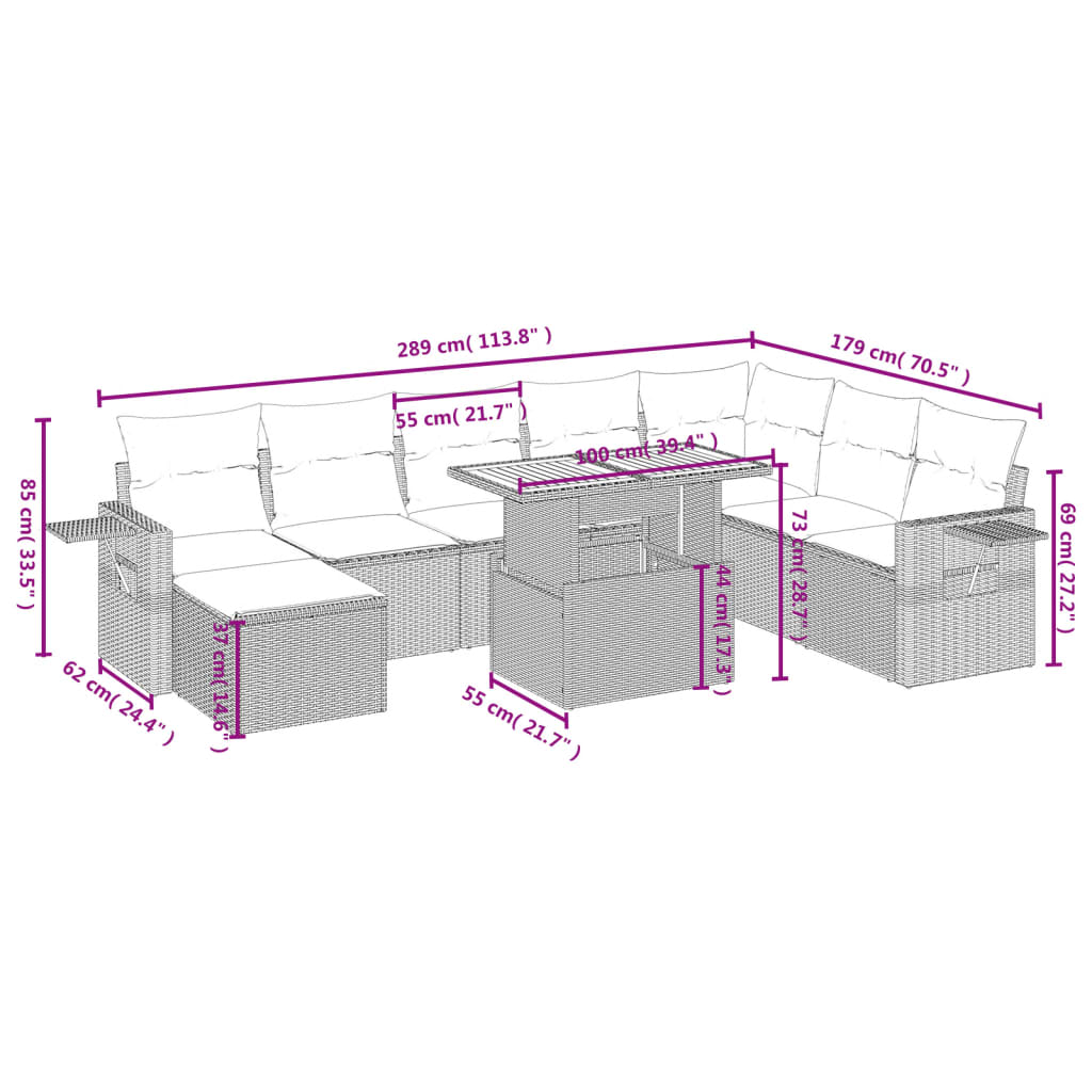 Set Divani da Giardino 9 pz con Cuscini Nero in Polyrattan