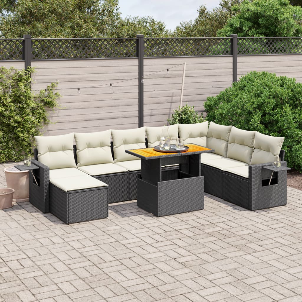 Set Divani da Giardino 9 pz con Cuscini Nero in Polyrattan