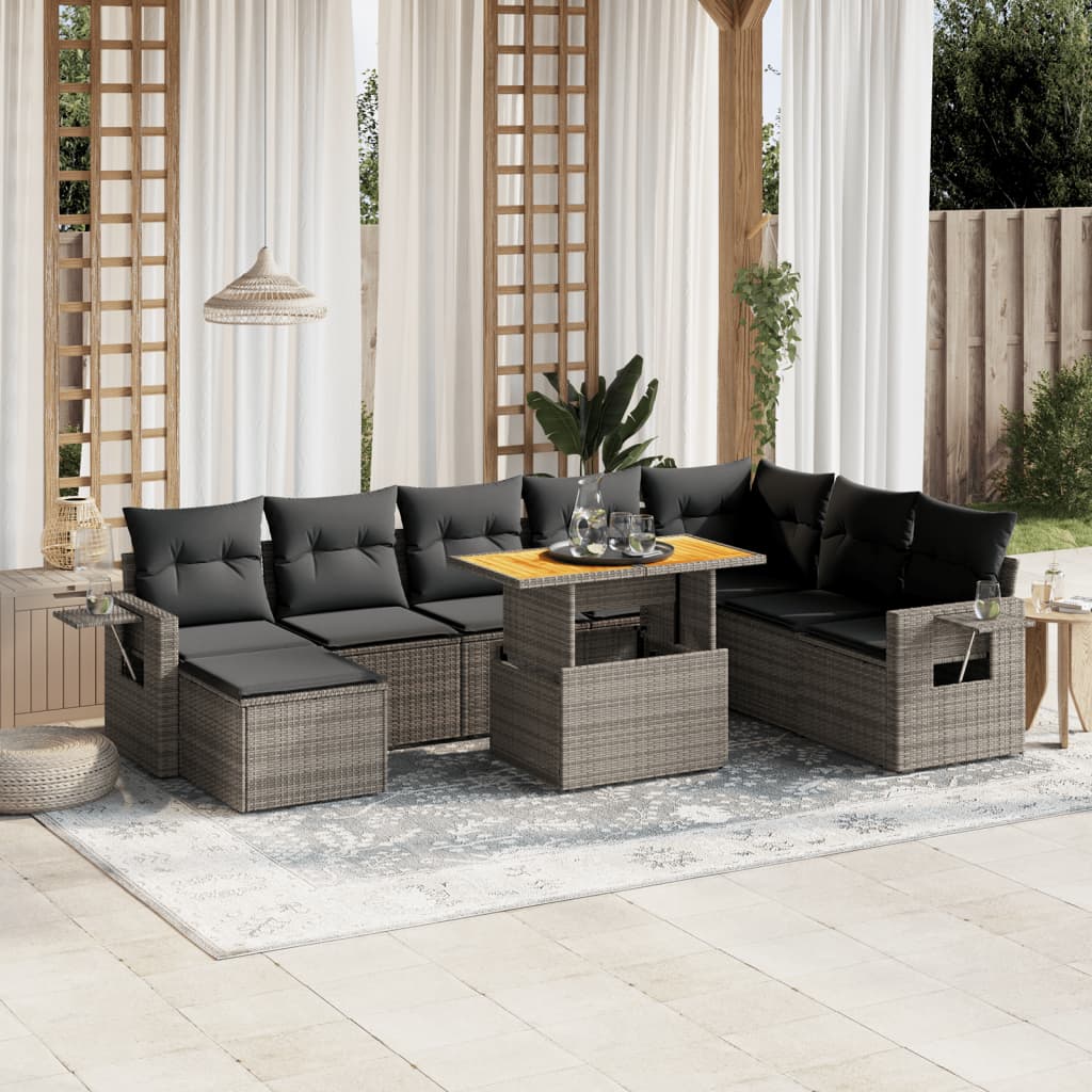 Set Divano da Giardino 9 pz con Cuscini Grigio in Polyrattan