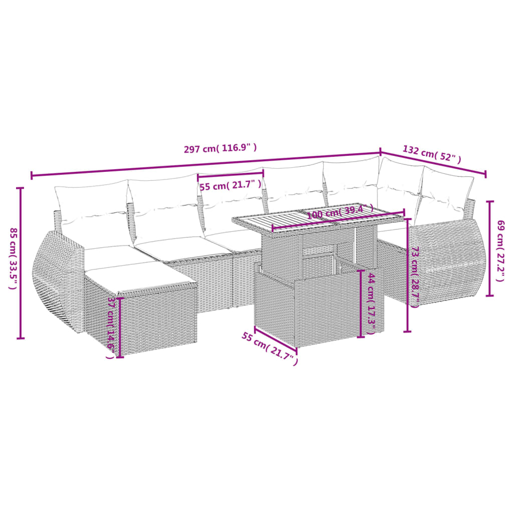 Set Divano da Giardino 8 pz con Cuscini Grigio in Polyrattan