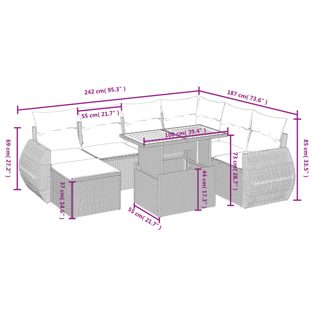 Set Divani da Giardino con Cuscini 8 pz Nero in Polyrattan