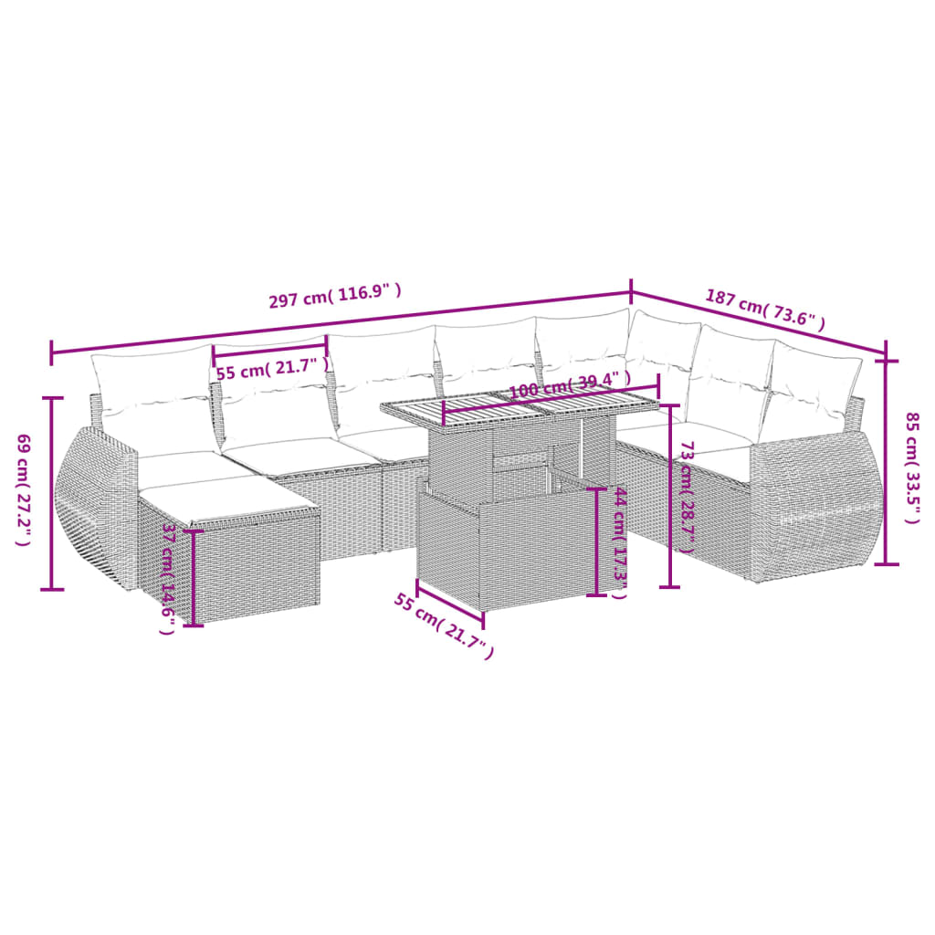 Set Divani da Giardino 9 pz con Cuscini Nero in Polyrattan