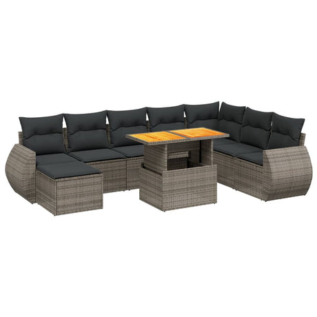 Set Divano da Giardino 9 pz con Cuscini Grigio in Polyrattan