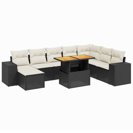 Set Divani da Giardino 9 pz con Cuscini Nero in Polyrattan