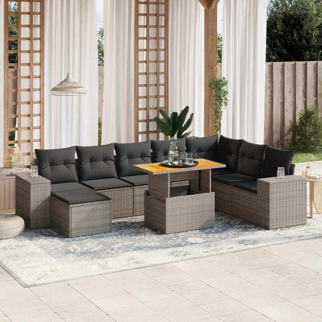 Set Divano da Giardino 9 pz con Cuscini Grigio in Polyrattan