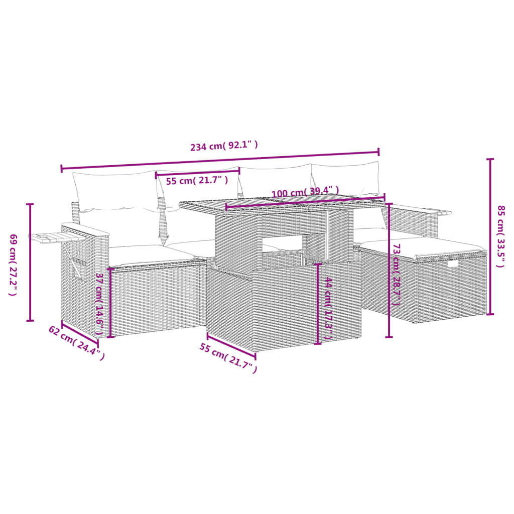 Set Divano da Giardino 6 pz con Cuscini Grigio in Polyrattan