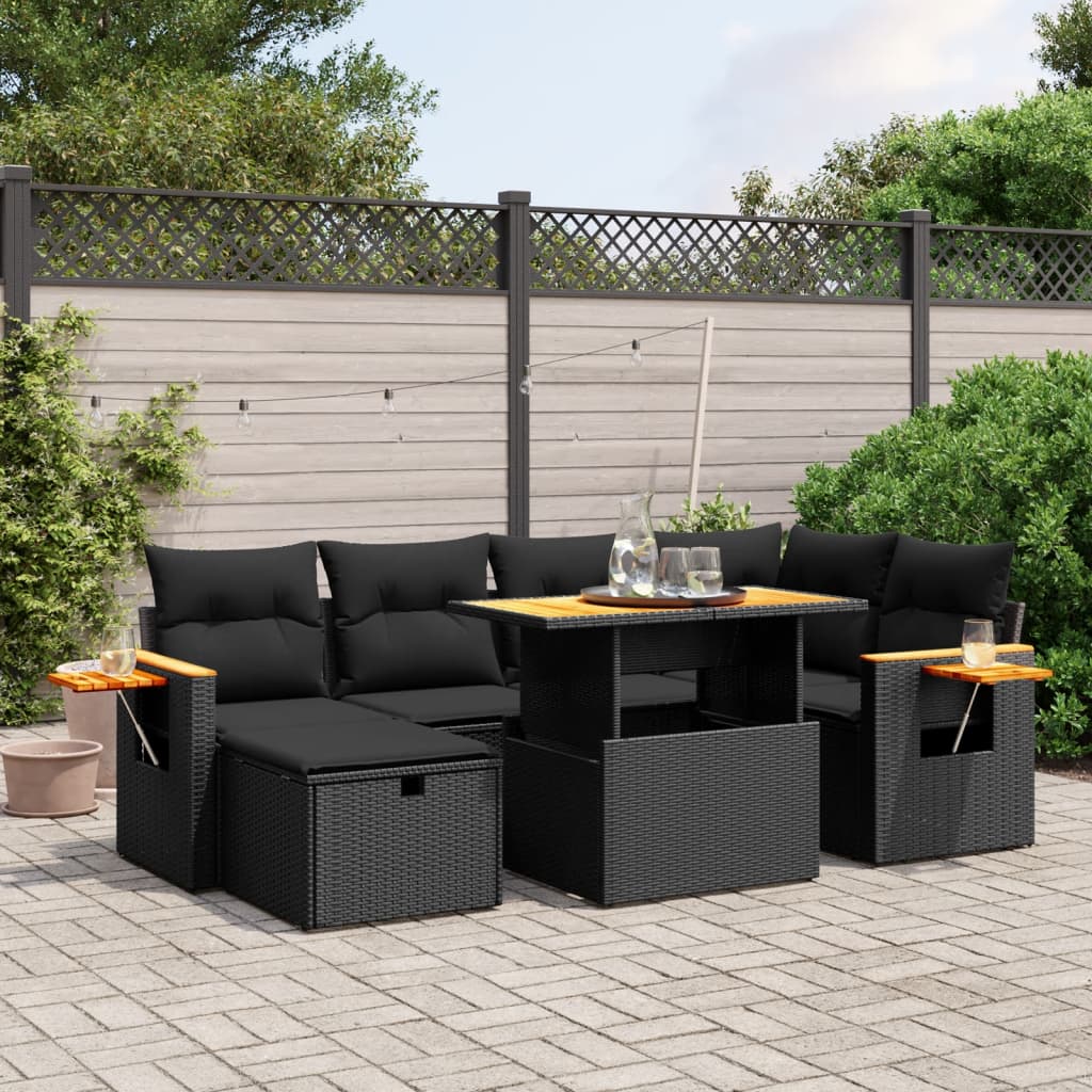 Set Divani da Giardino con Cuscini 7pz Nero Polyrattan