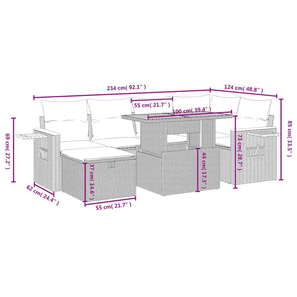 Set Divani da Giardino 7 pz con Cuscini Grigio in Polyrattan