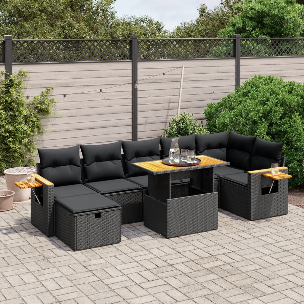 Set Divani da Giardino con Cuscini 8 pz Nero in Polyrattan