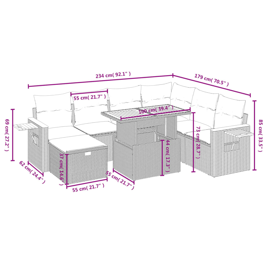 Set Divano da Giardino 8 pz con Cuscini Grigio in Polyrattan