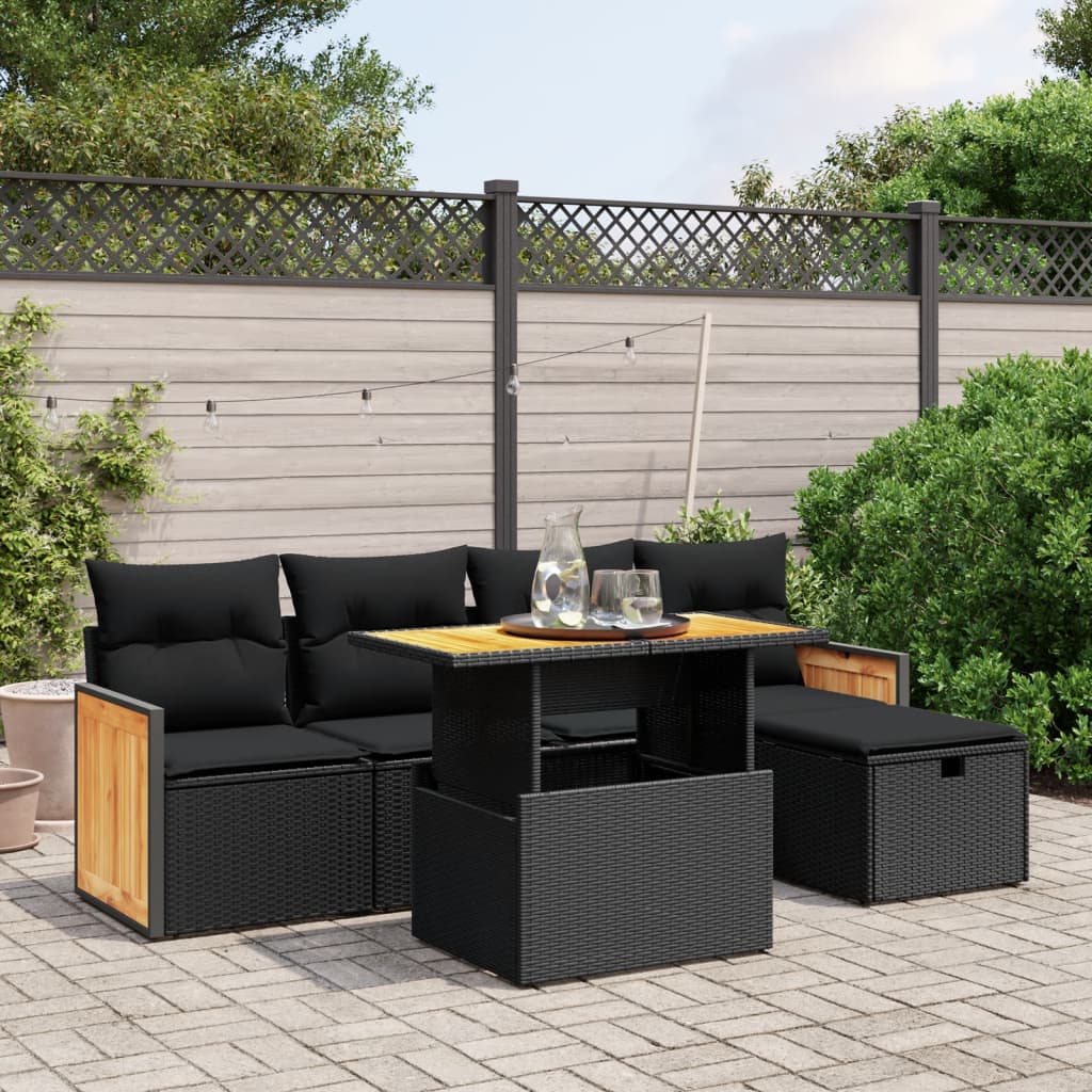 Set Divano da Giardino 6 pz con Cuscini Nero in Polyrattan