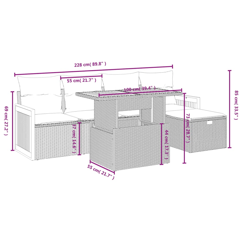 Set Divano da Giardino 6 pz con Cuscini Grigio in Polyrattan