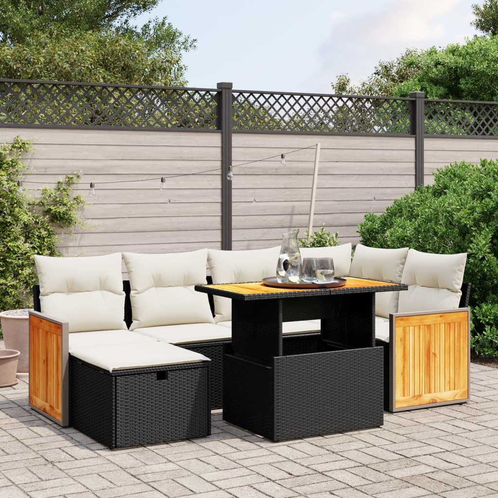 Set Divani da Giardino con Cuscini 7pz Nero Polyrattan