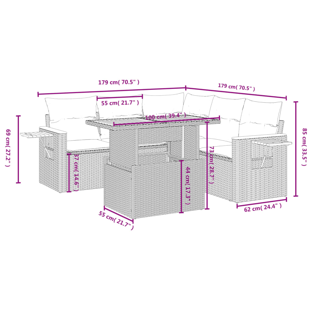 Set Divano da Giardino 6 pz con Cuscini Grigio in Polyrattan