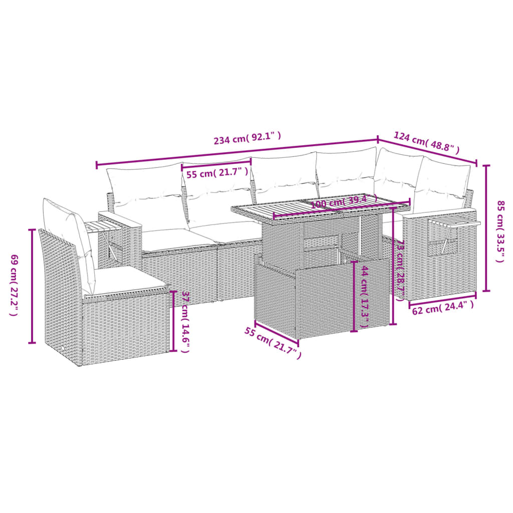 Set Divani da Giardino 7 pz con Cuscini Grigio in Polyrattan