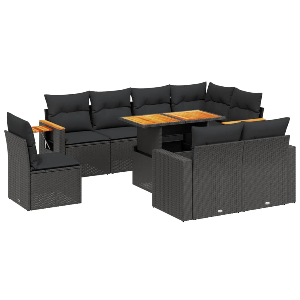 Set Divani da Giardino 9 pz con Cuscini Nero in Polyrattan