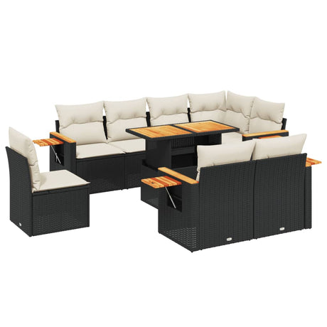 Set Divani da Giardino 9 pz con Cuscini Nero in Polyrattan