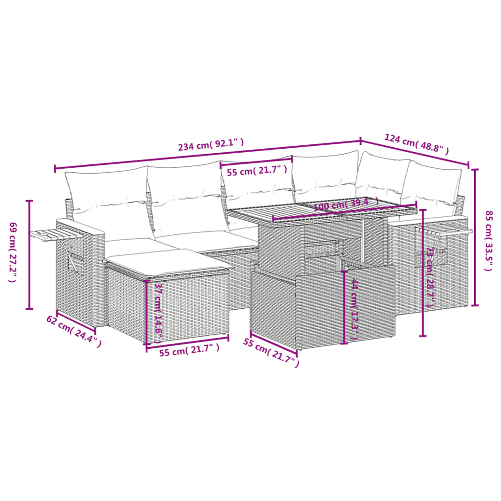 Set Divani da Giardino 7 pz con Cuscini Grigio in Polyrattan