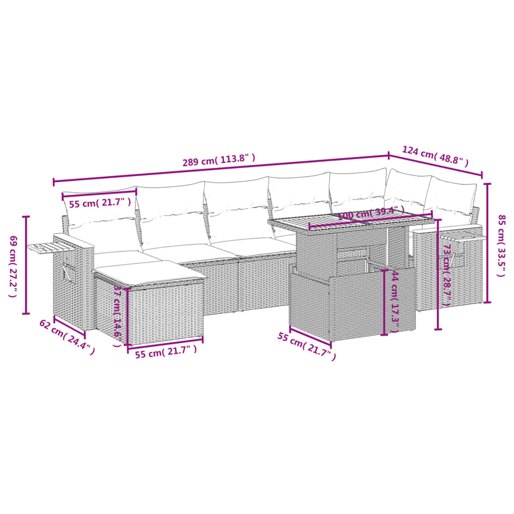 Set Divani da Giardino con Cuscini 8 pz Nero in Polyrattan