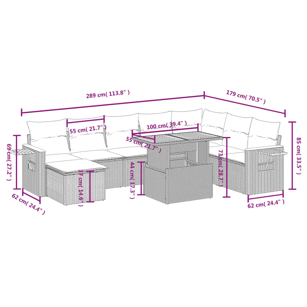 Set Divano da Giardino 8 pz con Cuscini Grigio in Polyrattan