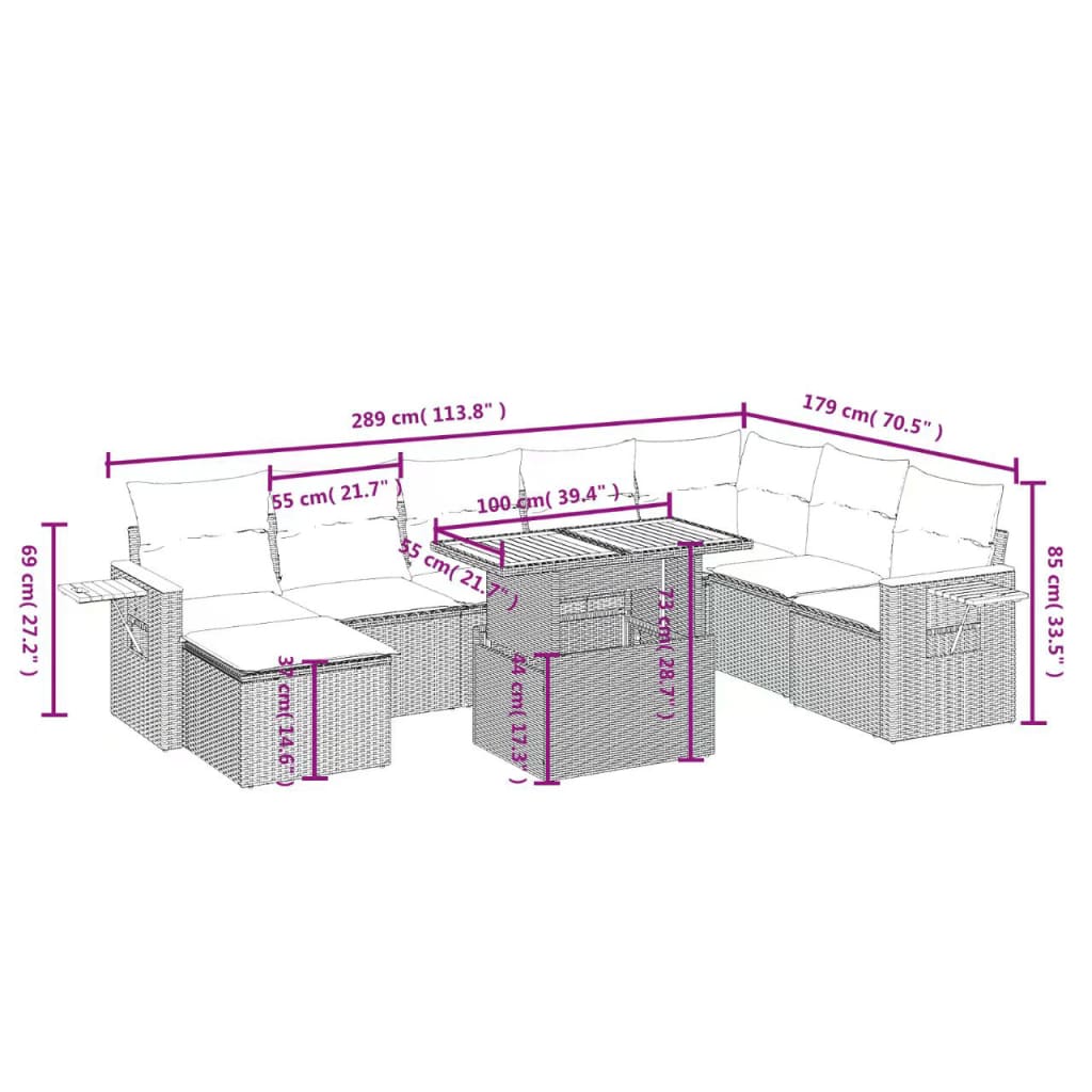 Set Divani da Giardino 9 pz con Cuscini Nero in Polyrattan