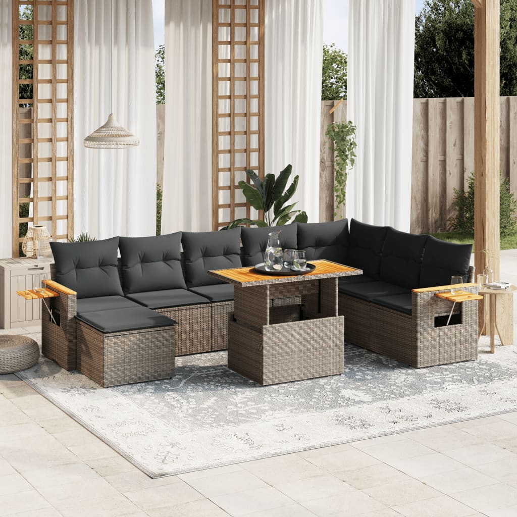 Set Divano da Giardino 9 pz con Cuscini Grigio in Polyrattan