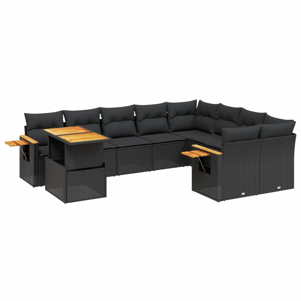 Set Divani da Giardino 10pz con Cuscini in Polyrattan Nero