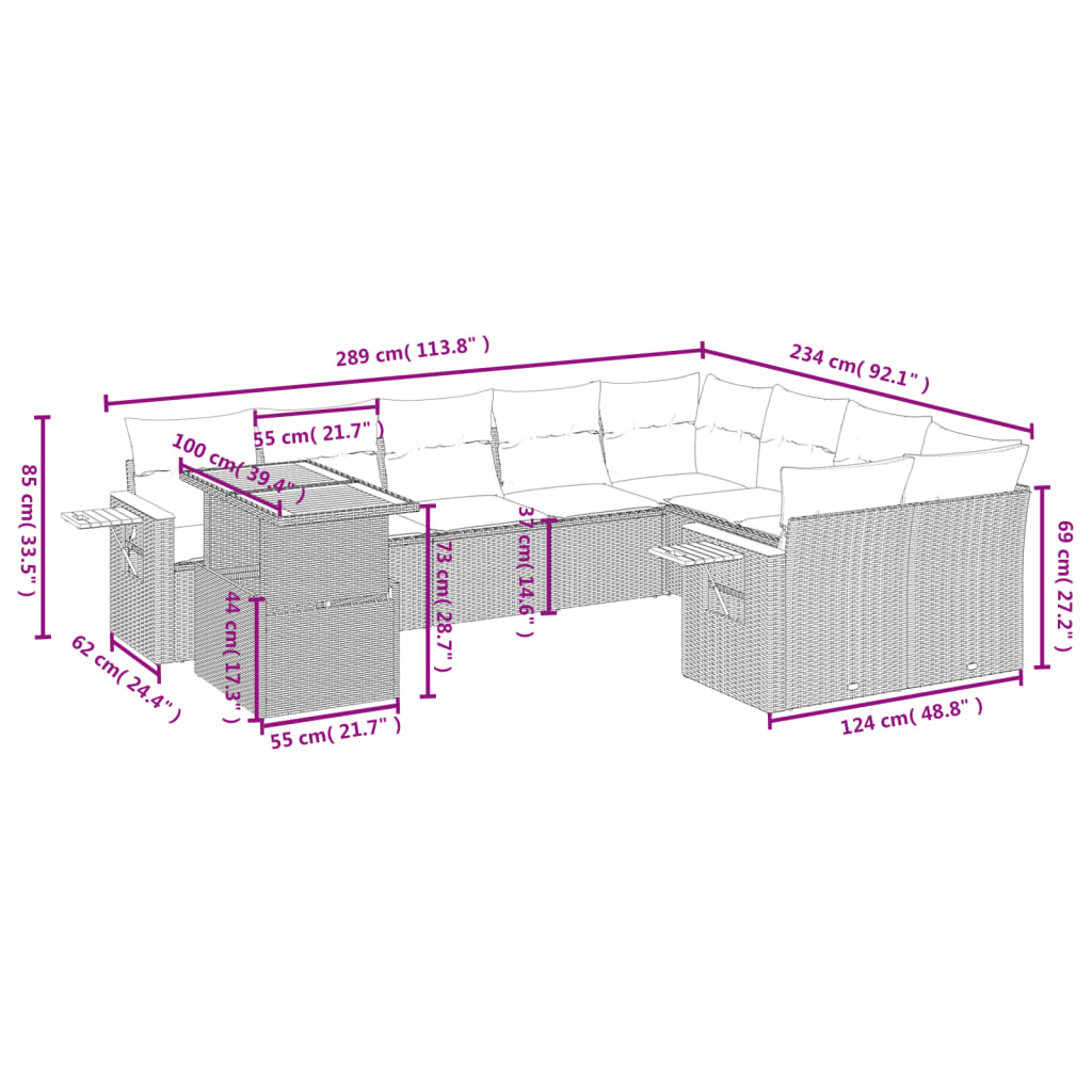 Set Divani da Giardino 10pz con Cuscini in Polyrattan Nero