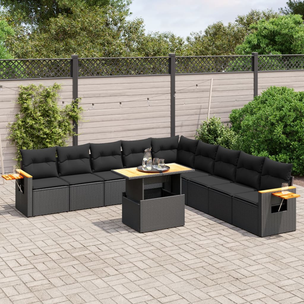 Set Divani da Giardino 11 pz con Cuscini in Polyrattan Nero