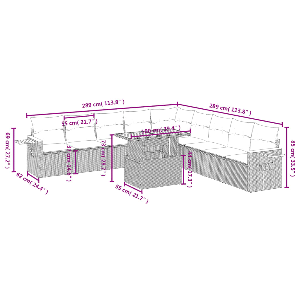 Set Divani da Giardino 11 pz con Cuscini in Polyrattan Grigio