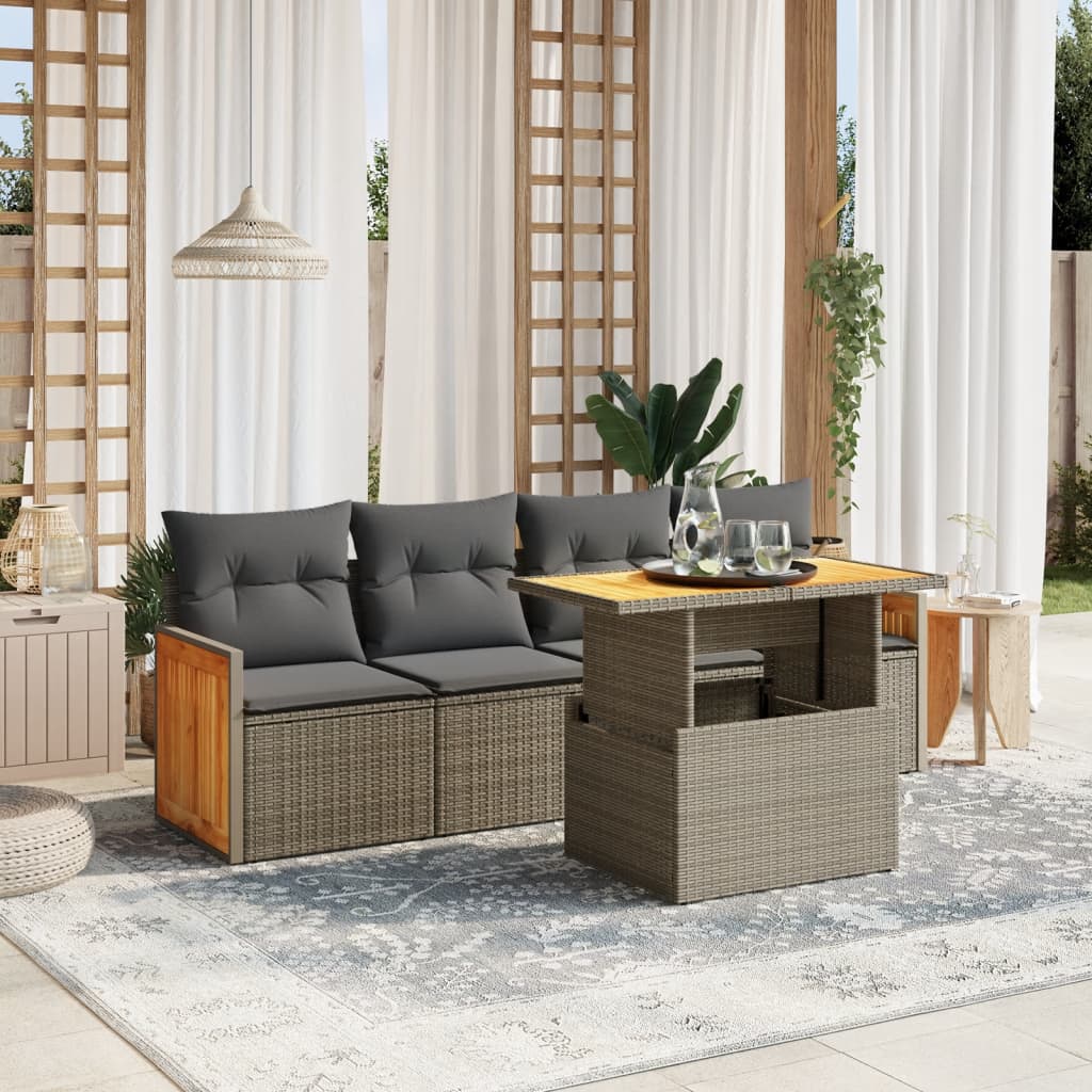 Set Divano da Giardino 5 pz con Cuscini Grigio in Polyrattan