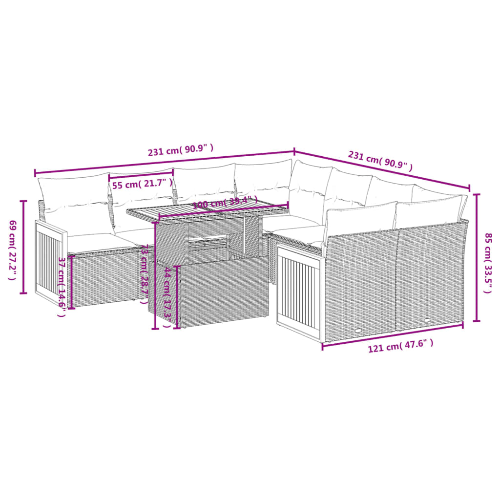 Set Divano da Giardino 9 pz con Cuscini Grigio in Polyrattan