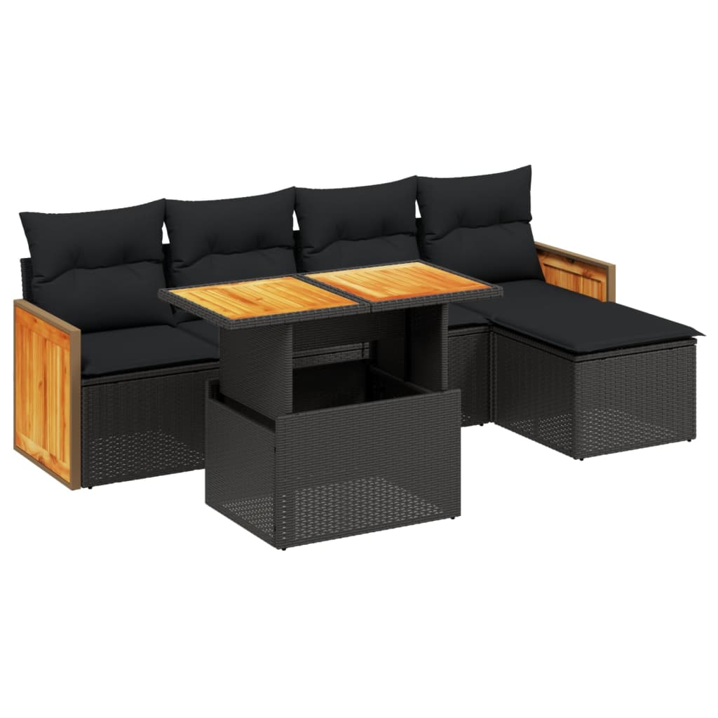 Set Divano da Giardino 6 pz con Cuscini Nero in Polyrattan