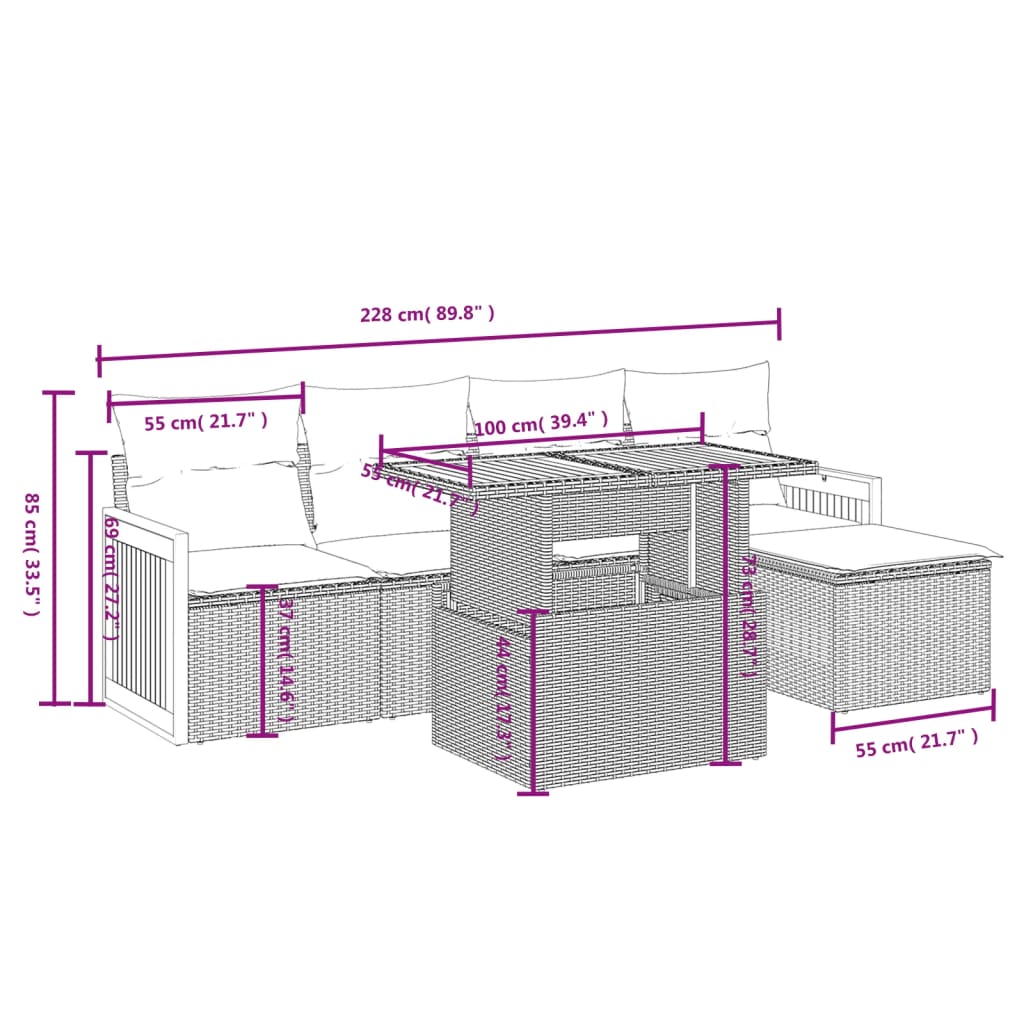 Set Divano da Giardino 6 pz con Cuscini Grigio in Polyrattan