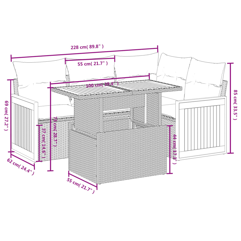 Set Divano da Giardino 5 pz con Cuscini Grigio in Polyrattan