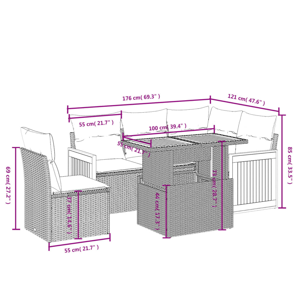 Set Divano da Giardino 6 pz con Cuscini Nero in Polyrattan