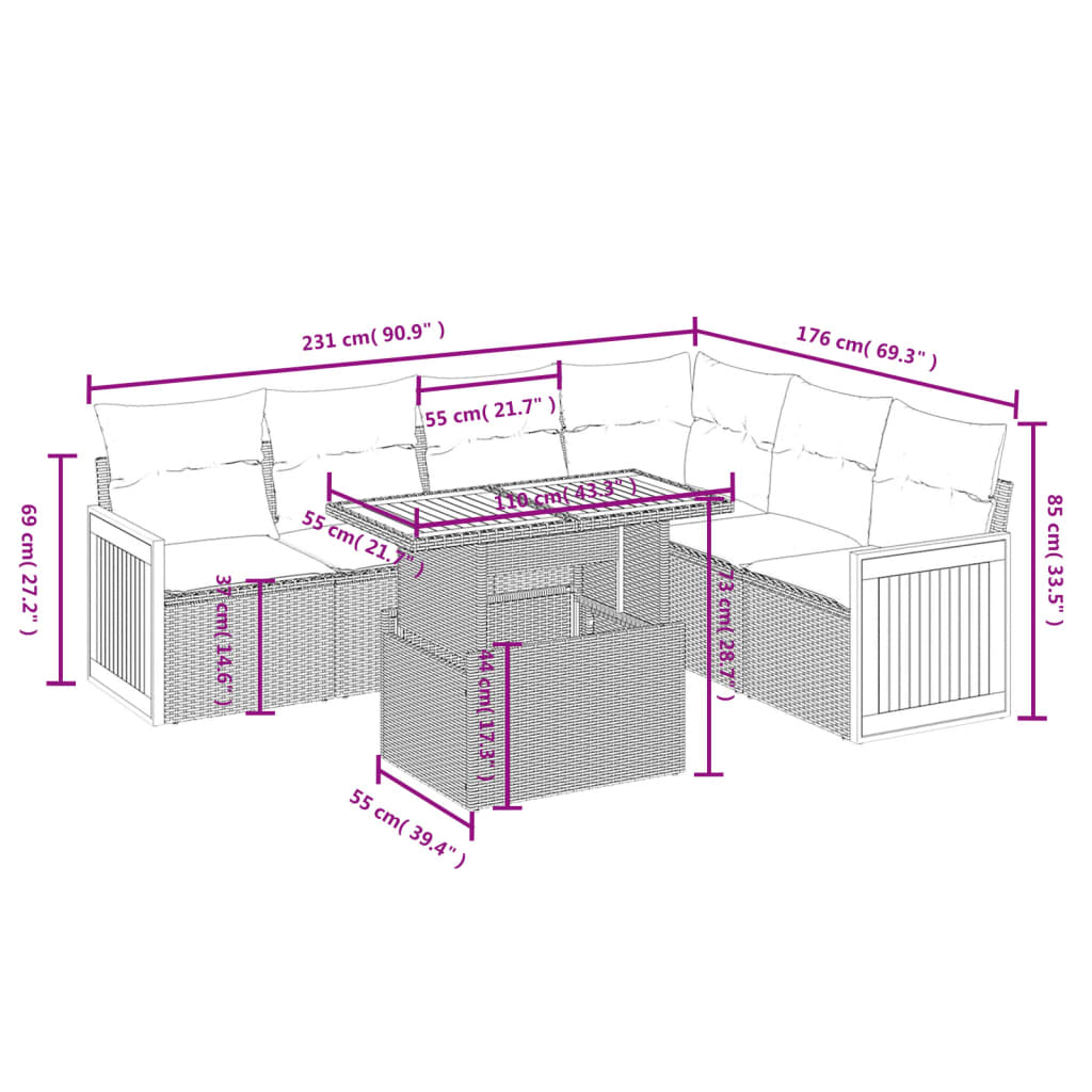 Set Divani da Giardino 7 pz con Cuscini Grigio in Polyrattan