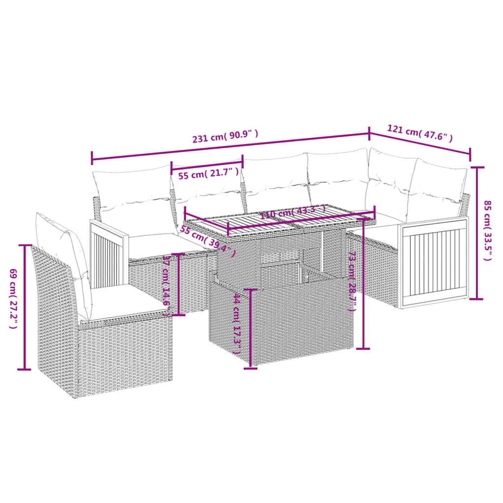 Set Divani da Giardino 7 pz con Cuscini Grigio in Polyrattan