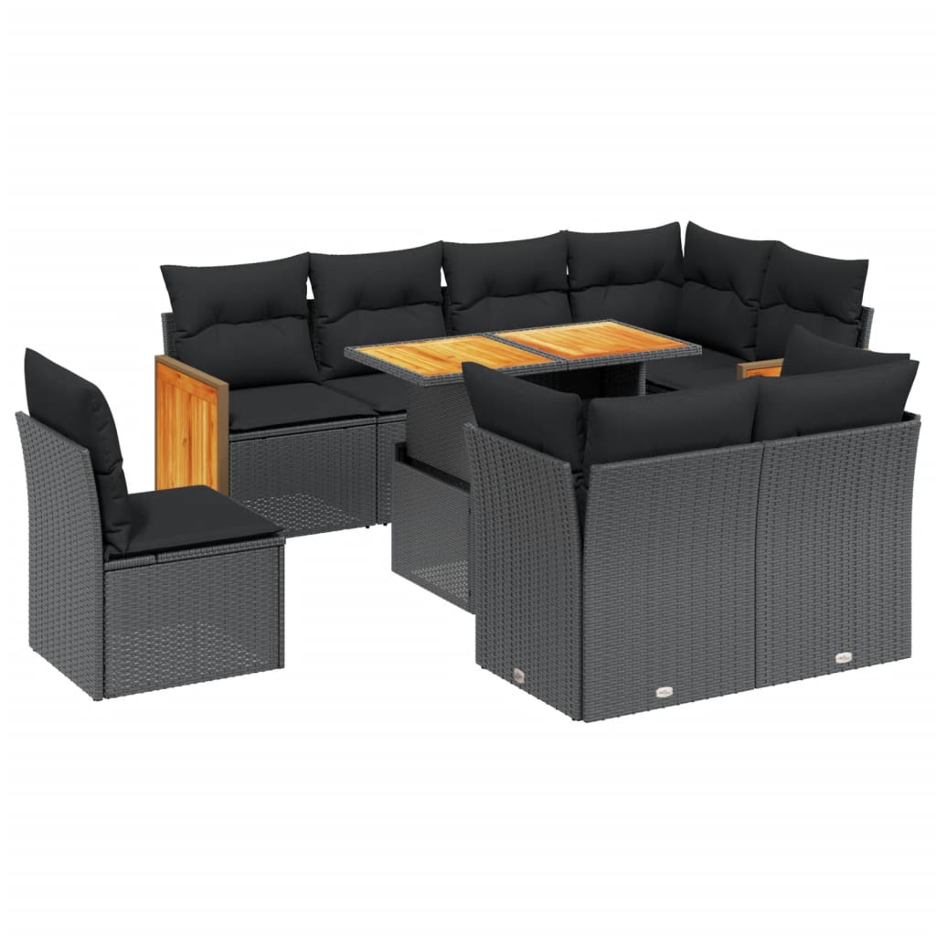 Set Divani da Giardino 9 pz con Cuscini Nero in Polyrattan