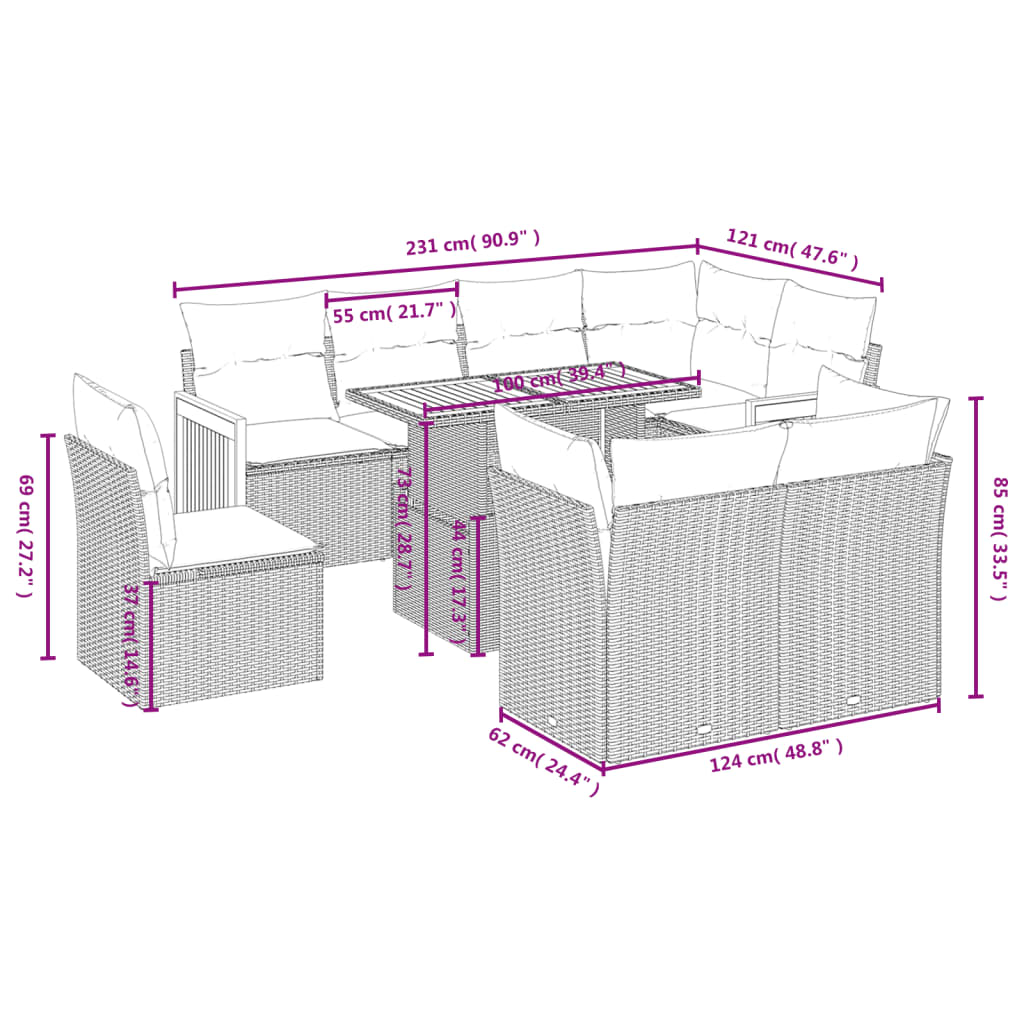 Set Divani da Giardino 9 pz con Cuscini Nero in Polyrattan