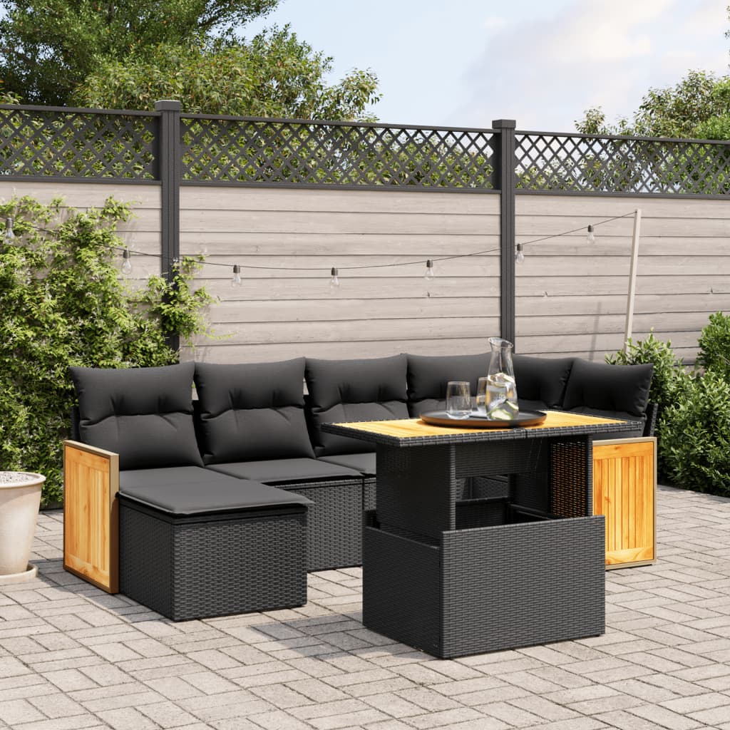 Set Divani da Giardino con Cuscini 7pz Nero Polyrattan