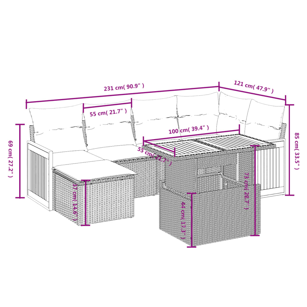 Set Divani da Giardino con Cuscini 7pz Nero Polyrattan