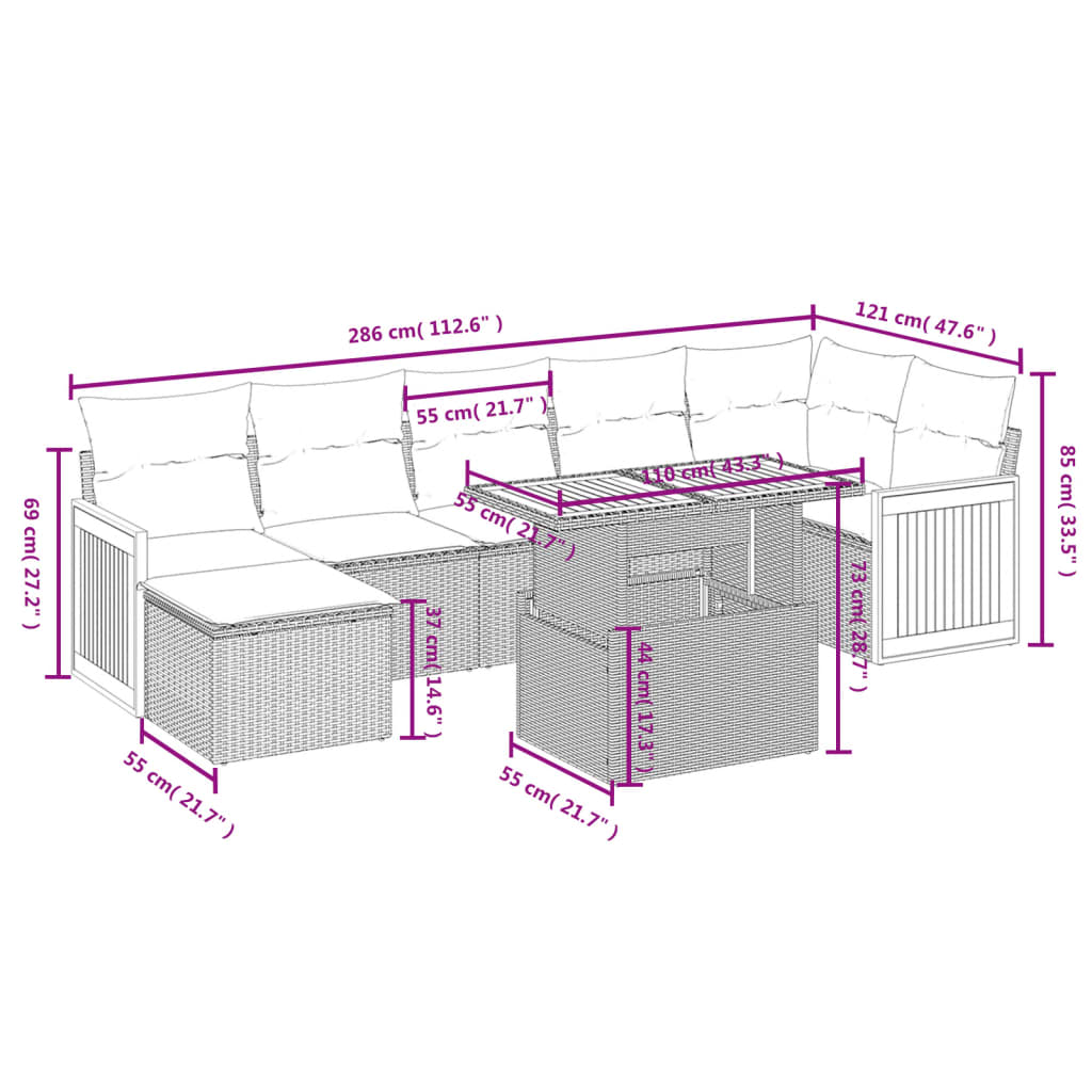 Set Divano da Giardino 8 pz con Cuscini Grigio in Polyrattan