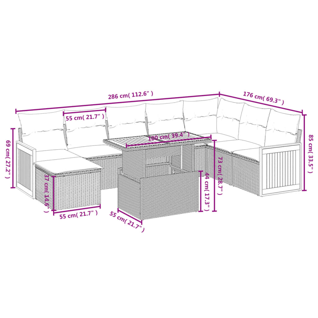 Set Divano da Giardino 9 pz con Cuscini Grigio in Polyrattan