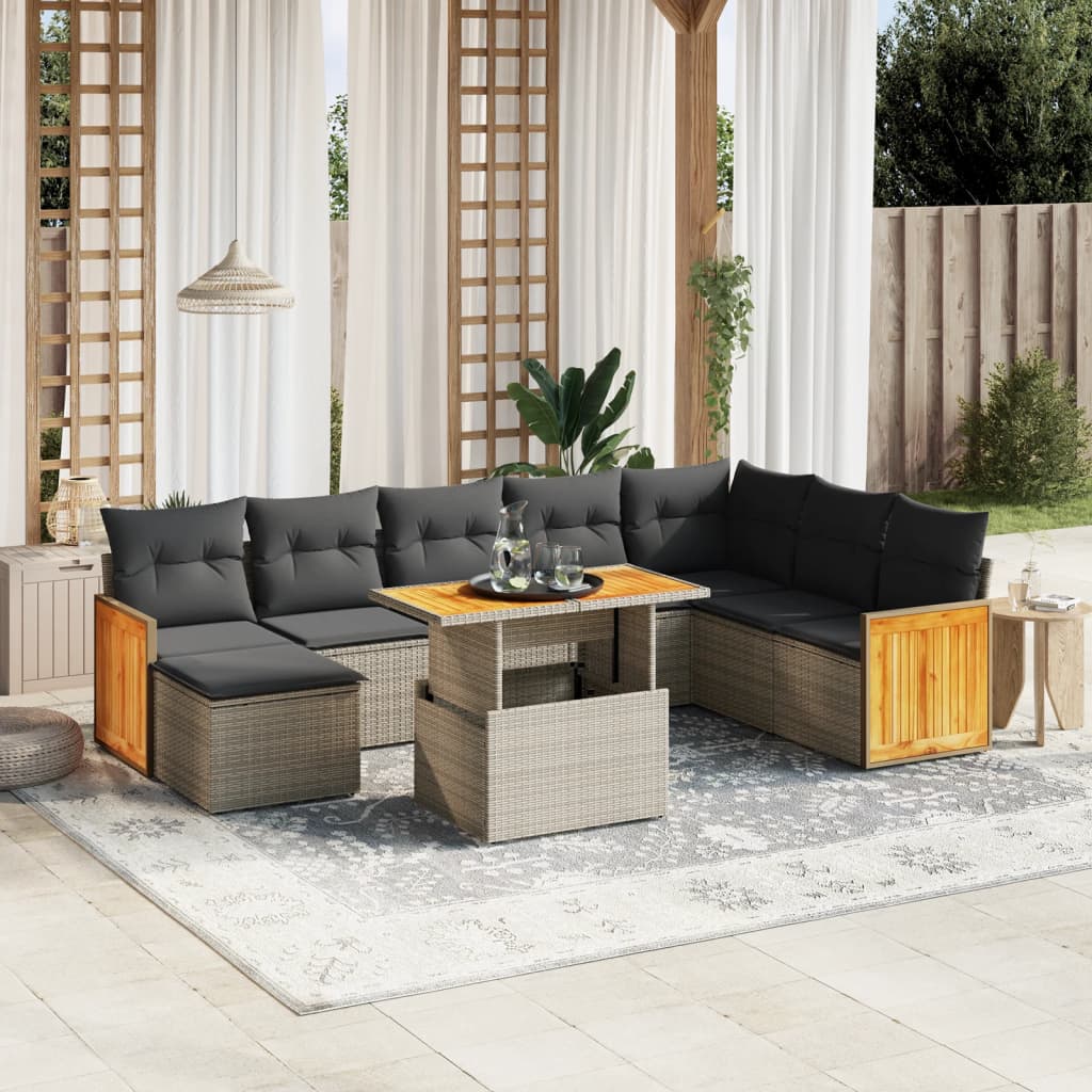 Set Divano da Giardino 9 pz con Cuscini Grigio in Polyrattan