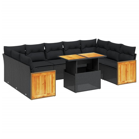 Set Divani da Giardino 10pz con Cuscini in Polyrattan Nero