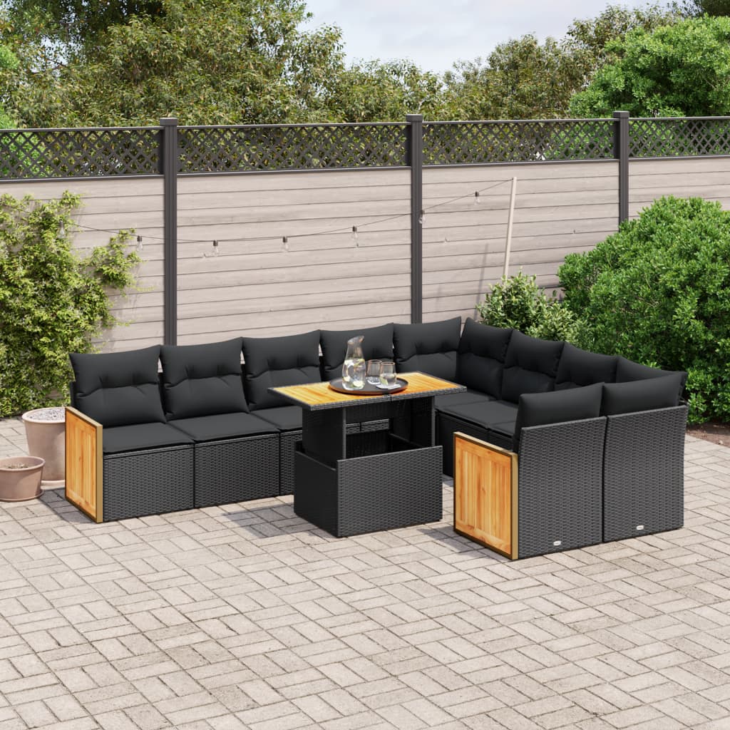 Set Divani da Giardino 10pz con Cuscini in Polyrattan Nero