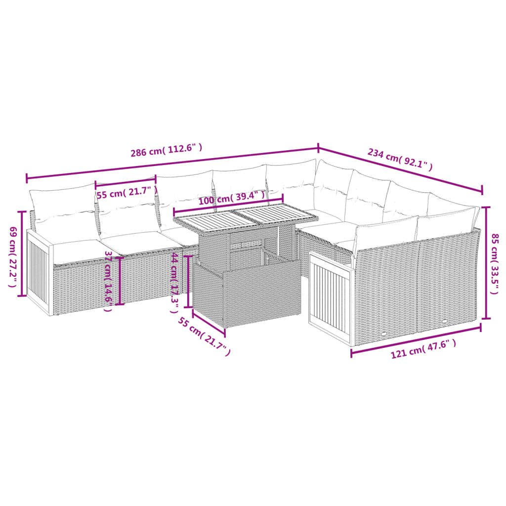 Set Divano da Giardino 10 pz con Cuscini Grigio in Polyrattan