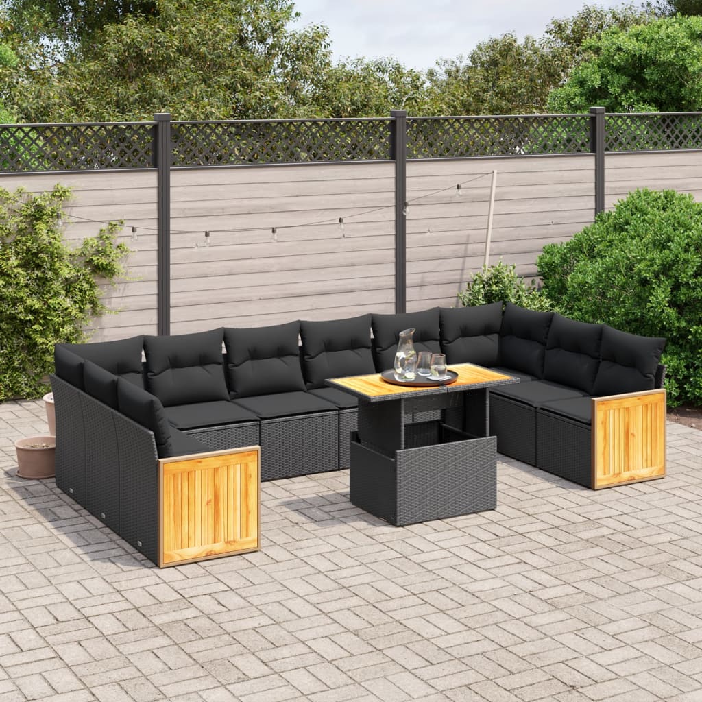 Set Divani da Giardino 11 pz con Cuscini in Polyrattan Nero