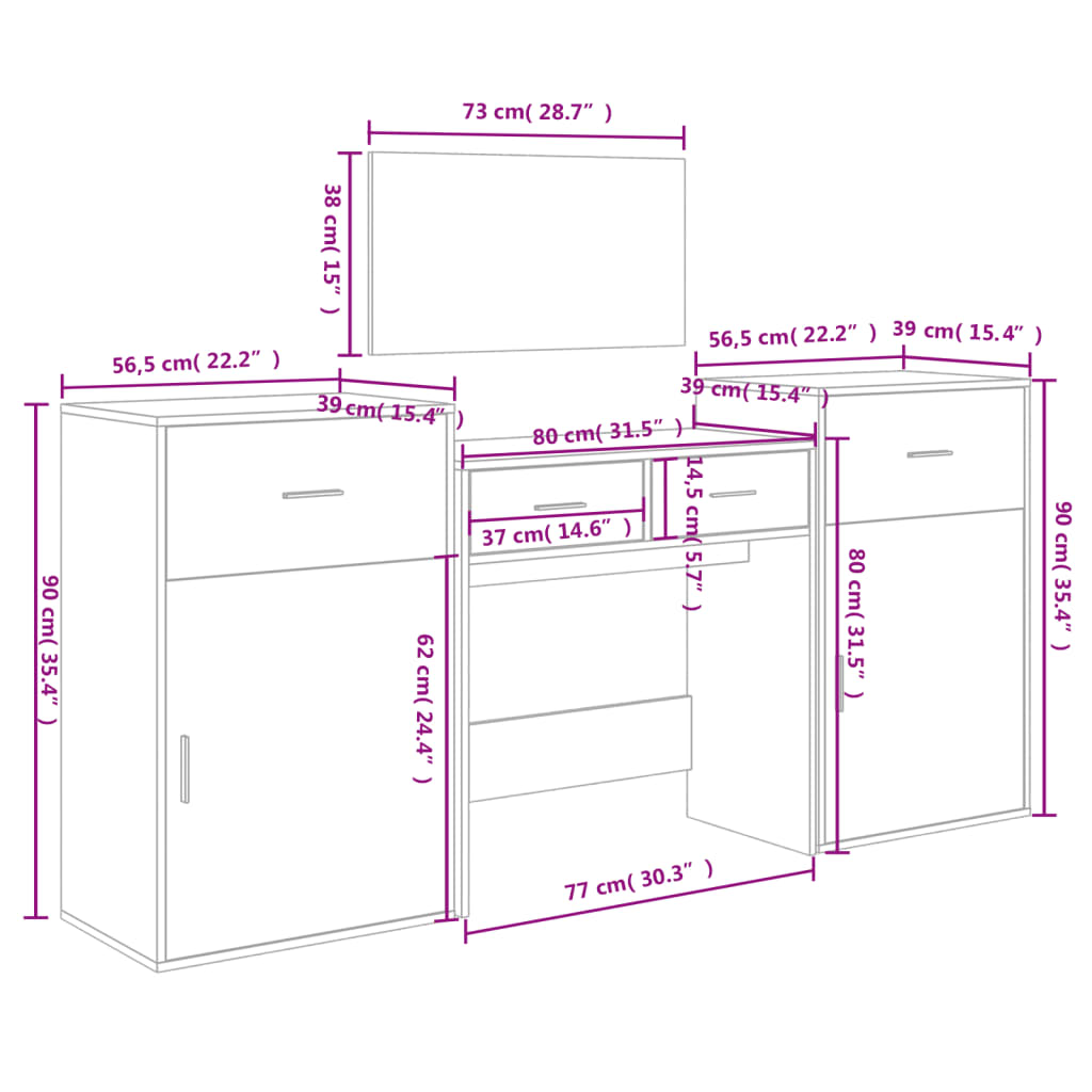 Set da Toeletta 4 pz Nero in Legno Multistrato